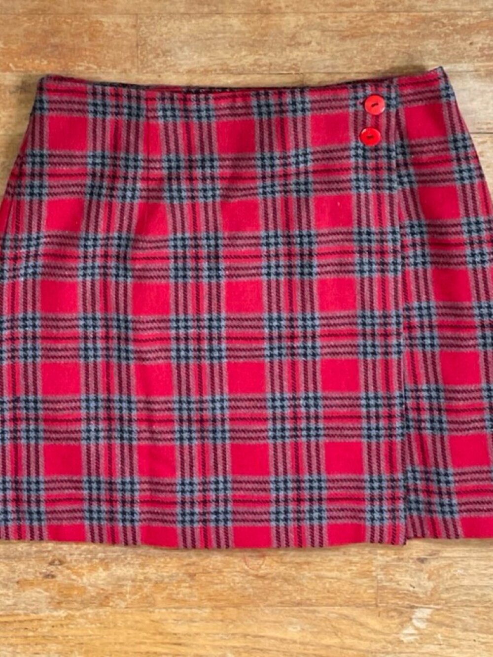 Vintage Plaid Wrap Mini Skirt Size Small 28" Waist 1990s Red Tartan Wool Blend